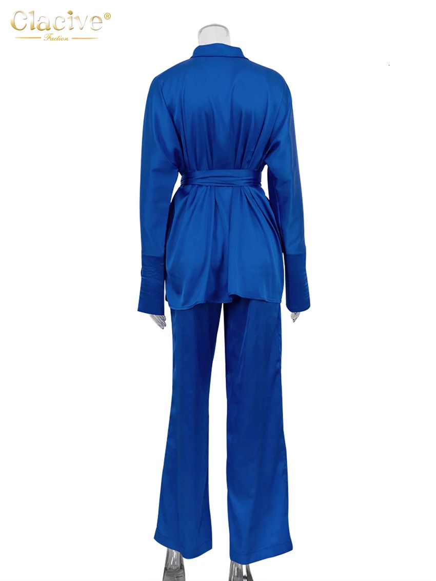 Women s Pants s Clacive Fashion Long Sleeve Shirts Two Piece Set Women Elegant Blue Satin Streetwear High Waist Wide Trousers Suits 231212