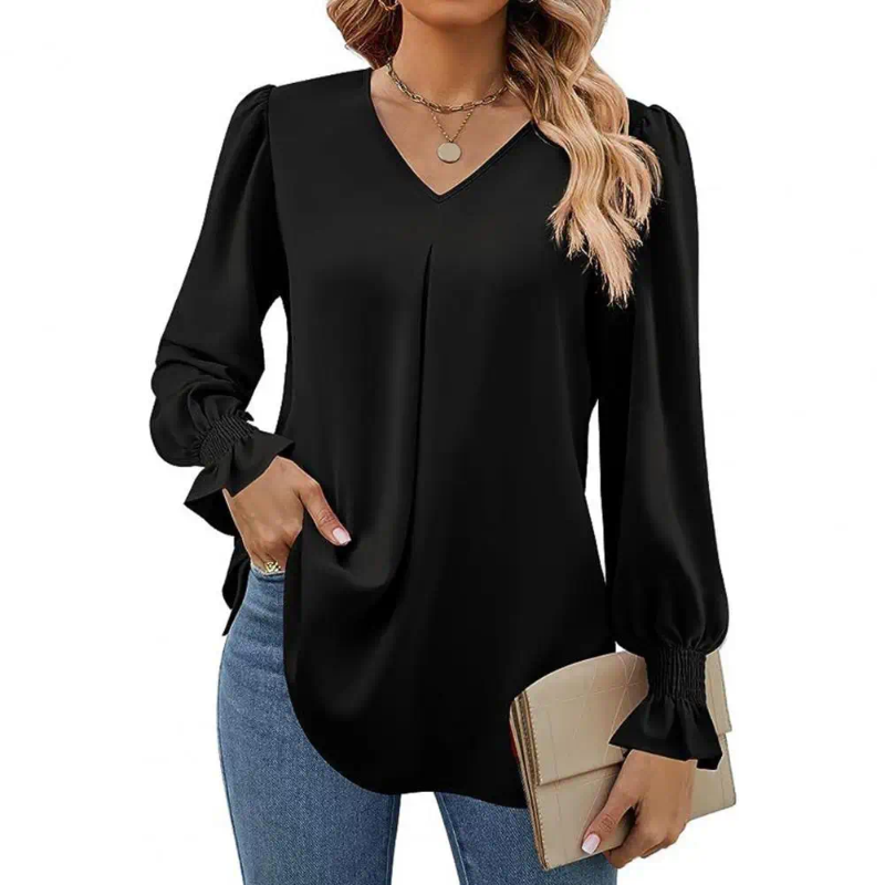Womens Blouses Women Fall Spring Top V Neck Long Bubble Sleeve Shirt Stylish Solid Color Shirring Ruffle Pullover Soft Commute Lady Blouse