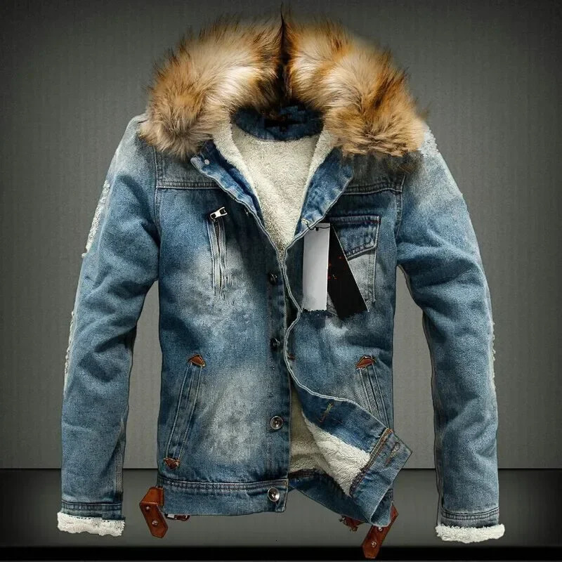 Men's Jackets Winter Mens Denim Jacket with Fur Collar Retro Ripped Fleece Jeans and Coat for Autumn S6XL 231212