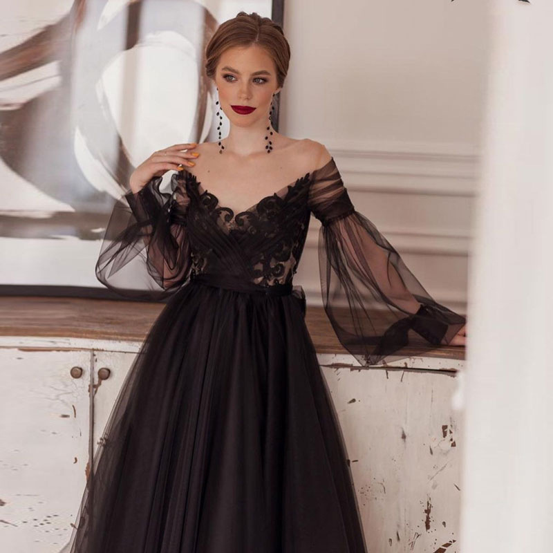 2024 Modern A-line Black Evening Dress Off the Shoulder Lace Appliques Puffy Sleeves Tulle Formal Prom Party Gowns Tea Length Robe De Soriee
