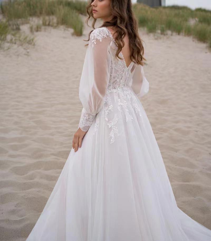 2024 Summer Boho Wedding Dress V-neck Backless Lace Appliques A-line Tulle Bridal Party Gown Custom Made For Woman Vestido De Noiva Robe Mariage