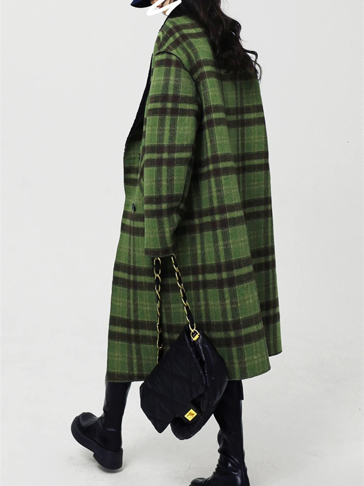 Women's Wool Blends Women's Front Back Can Be Worn Green check pattern Woolen Coat Autumn Winter British Style Female Loose Suit Collar Long