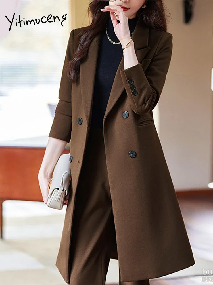 Women's Two Piece Pants Yitimuceng Women Suits Office Sets 2023 Fashion Turn Down Collar Double Breasted Long Sleeve Blazer Casual Wide Leg Pant 