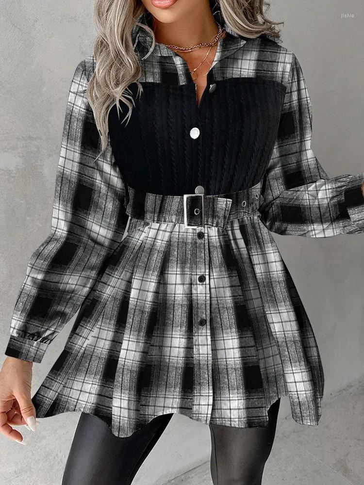 Womens Blouses Turn Down Collar Print Plaid Shirts Women Single Breasted Tight High Waist Belt Full Sleeve Loose Casual Splice Shirt Autumn