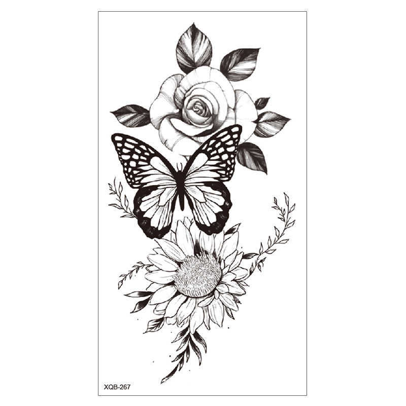 New Small Full Arm Flower Tattoo Sticker Waterproof Durable Female Black and White Sketch Owl