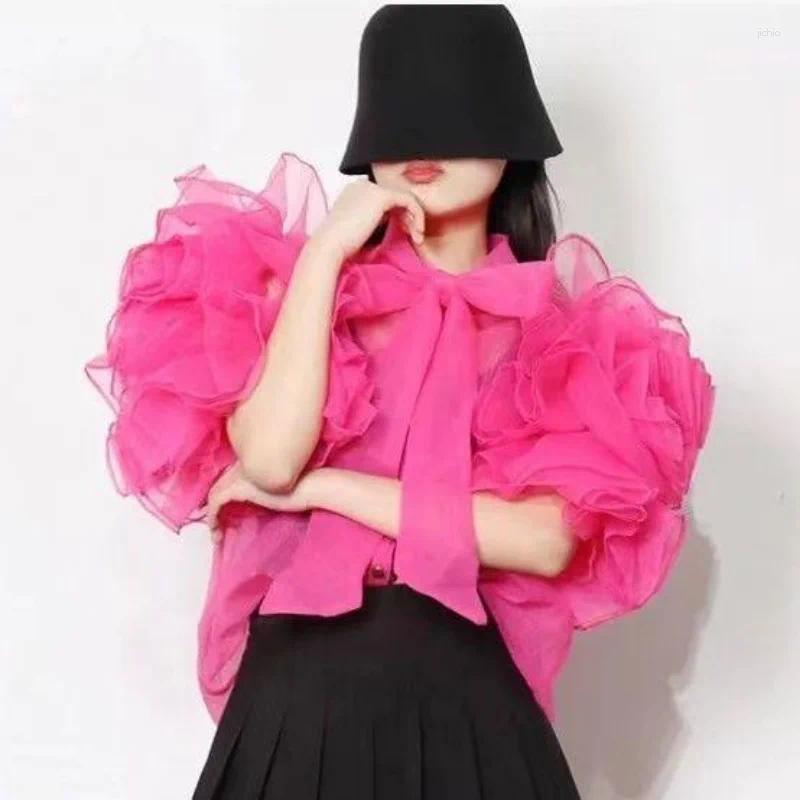 Womens Blouses Perspective Women Lace Up 3D Bowtie Ruffles Mesh Shirts Fairy Chiffon Gauze Spliced Cardigan Crop Tops Blusas Mujer