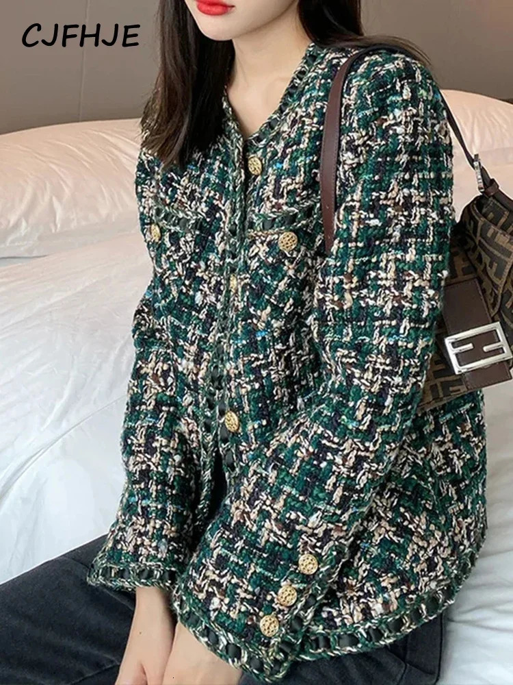 Womens Suits Blazers CJFHJE Harajuku Winter Tweed Suit Jacket Women Green Plaid ONeck Long Sleeve Button Up High Street Vintage Elegant Lady 231212