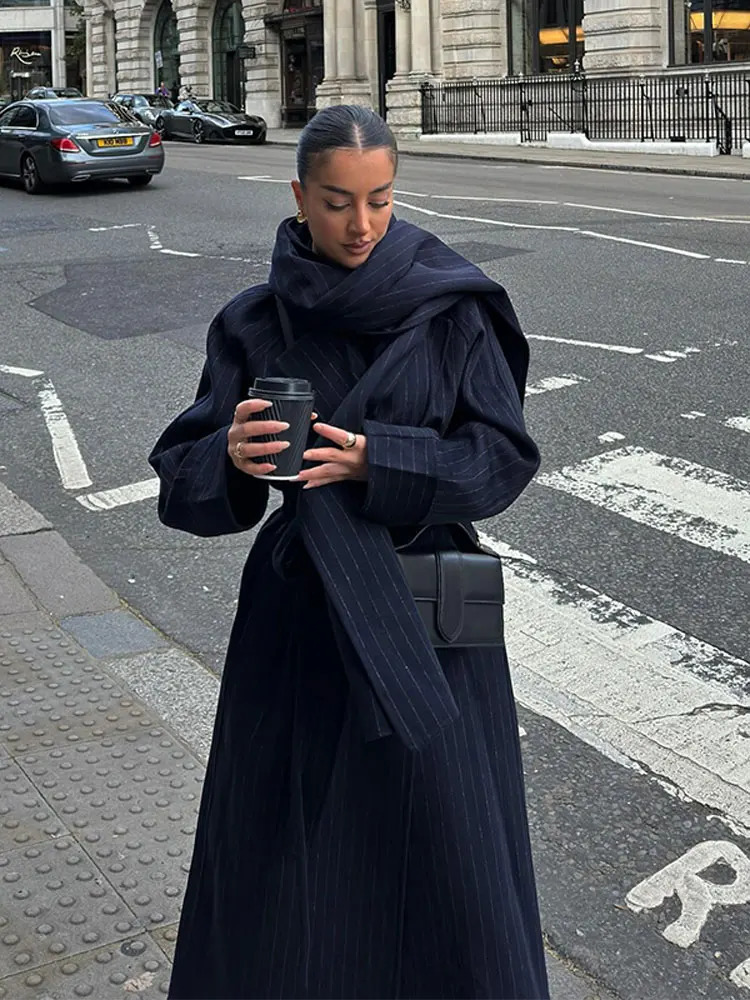 Women's Wool Blends Wool Blends Lace Up Overcoat Women Scarf Collar Oversized Loose Warm Thicken Coat 2024 Winter Fashion Office Lady Tops Outwea