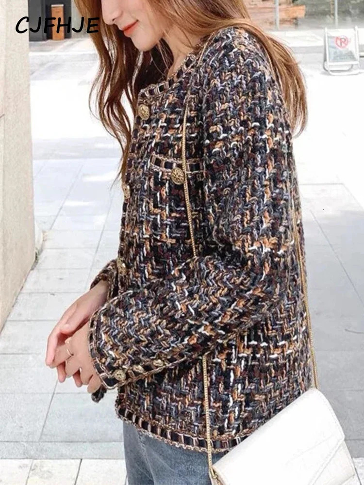 Womens Suits Blazers CJFHJE Harajuku Winter Tweed Suit Jacket Women Green Plaid ONeck Long Sleeve Button Up High Street Vintage Elegant Lady 231212