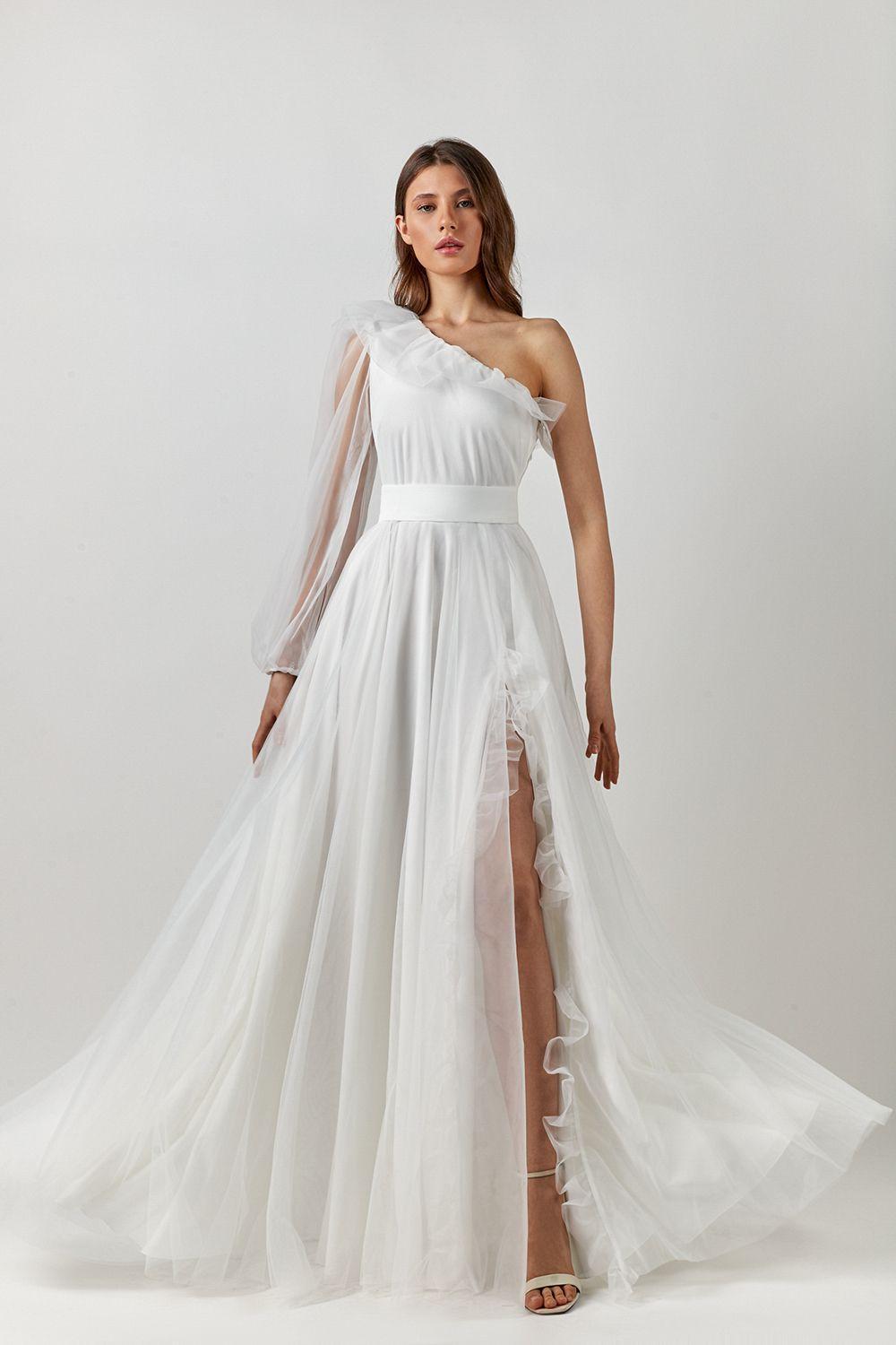 2024 Summer Boho Wedding Dress One Shoulder Long Sleeves Silt Ruffles A-line Tulle Bridal Party Gown Custom Made For Woman Vestido De Noiva Robe Maria