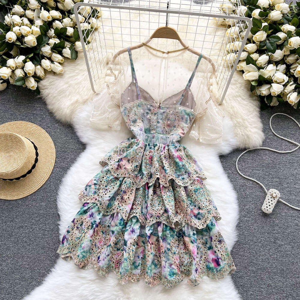 Casual Dresses 2023 Retro Mesh Off Shoulder Sleeveless Elegant Tiered Slip Dress A-line High Waist Beach Vacation Sundress Women Summer Vestidos