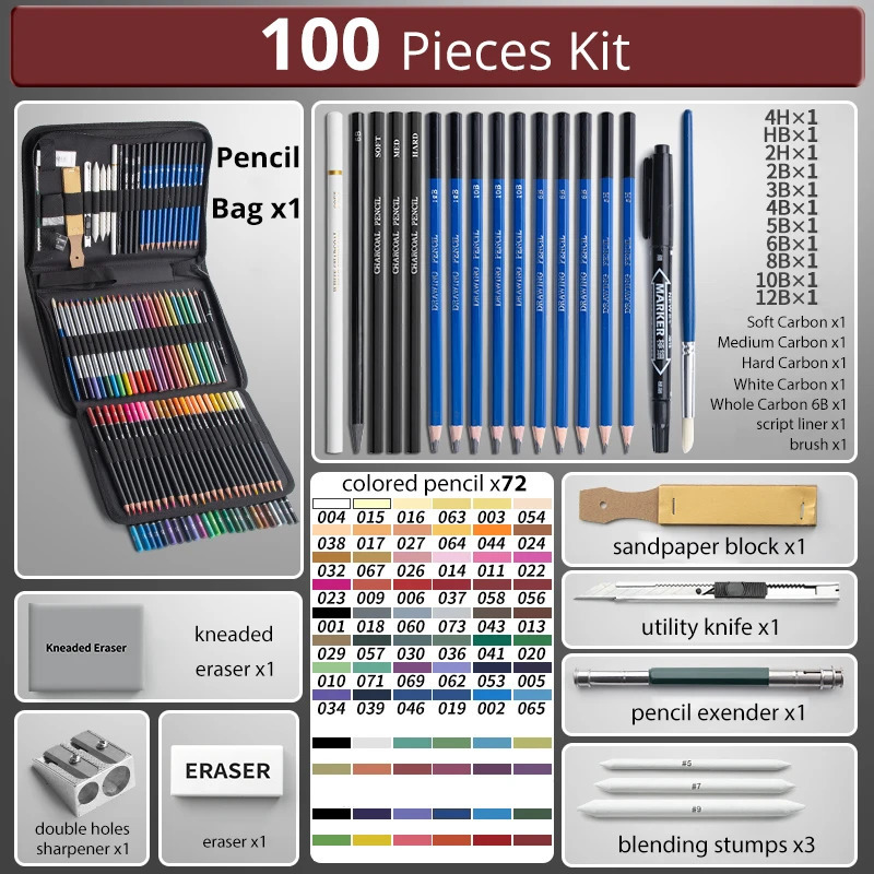 Pencils 37/50/100pcs Professional Drawing Pencils Sketch Set Complete Artist Kit Pencil Bag Case Includes Color Pencil Sharpener Eraser 231212