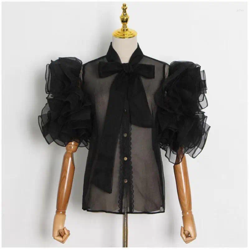 Womens Blouses Perspective Women Lace Up 3D Bowtie Ruffles Mesh Shirts Fairy Chiffon Gauze Spliced Cardigan Crop Tops Blusas Mujer