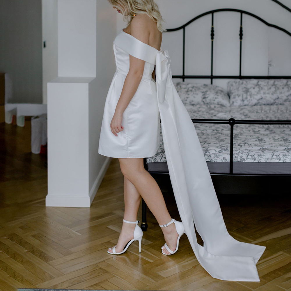 Newest Short Wedding Dress 2025 Litter White Bridal Dresses Off the Shoulder Backless Big Bow Satin Bride Party Gowns Summer Beach Vestidos De Novias
