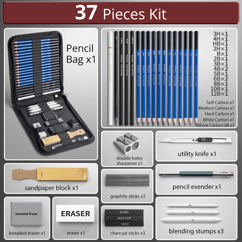 Pencils 37/50/100pcs Professional Drawing Pencils Sketch Set Complete Artist Kit Pencil Bag Case Includes Color Pencil Sharpener Eraser 231212