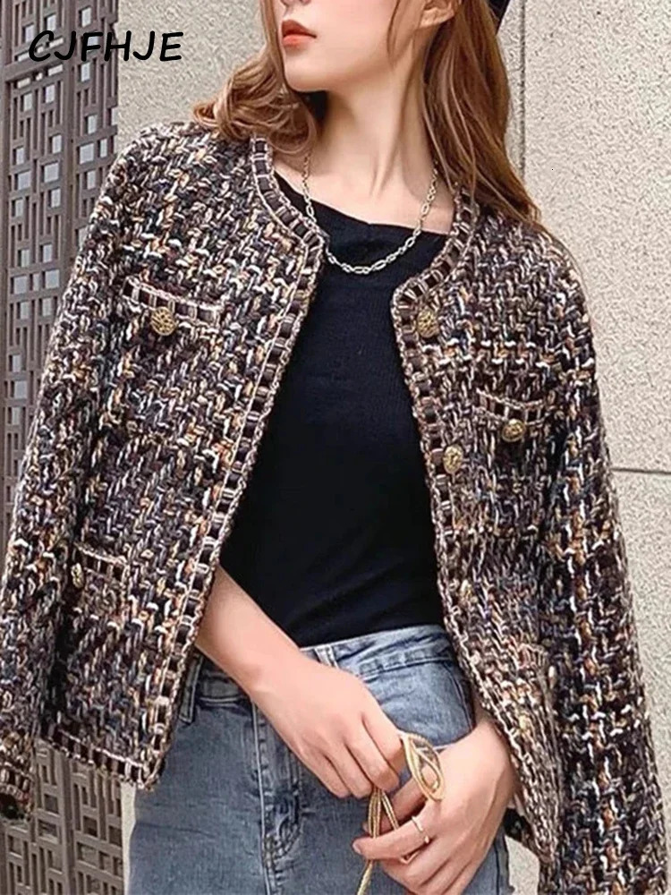 Womens Suits Blazers CJFHJE Harajuku Winter Tweed Suit Jacket Women Green Plaid ONeck Long Sleeve Button Up High Street Vintage Elegant Lady 231212