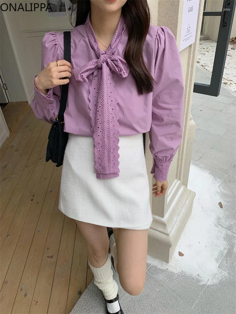Womens Blouses Onalippa Lace Up Bow Womens Tops Solid Color All Match Single Breasted Shirts Korean Chic Gentle Wind Puff Long Sleeves