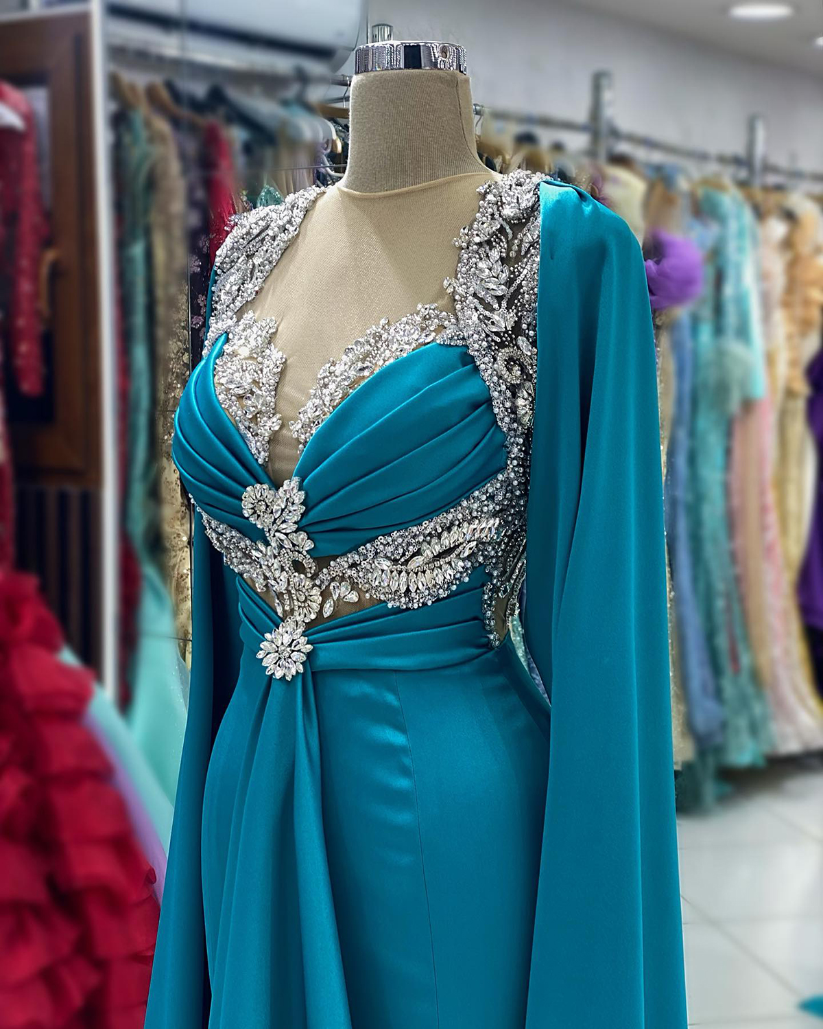 Blue Mermaid Evening Dresses Crystal Beads O Neck Red Carpet Dress Long Sleeves Formal Prom Gowns Elegant vestido de novia