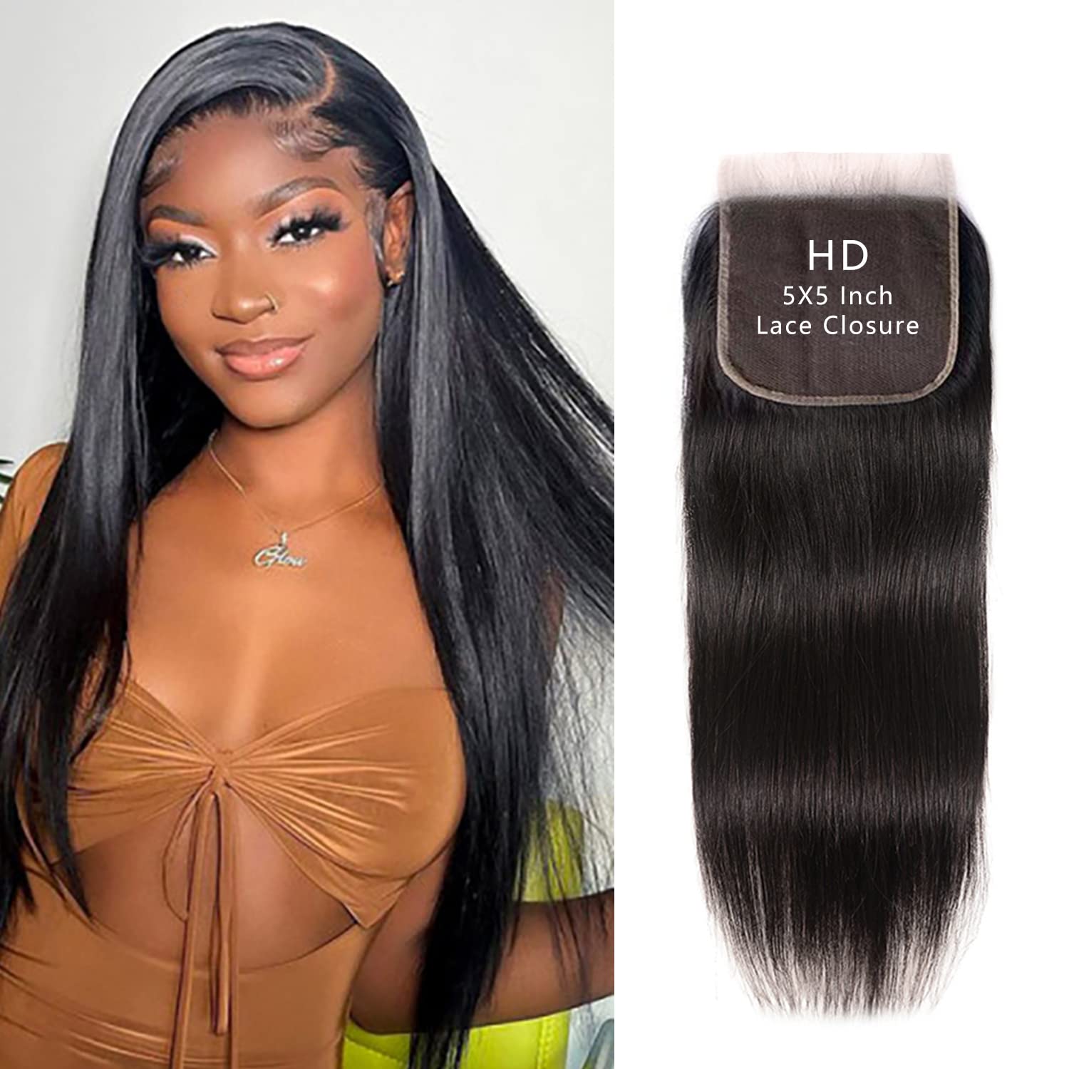 Brazilian Straight 5x5 Lace Closure 100% Human Hair Deep Part Transparent Lace Closure with Baby Hair Natural Color