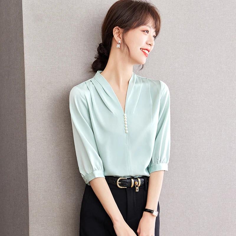 Womens Blouses Korean Short Sleeved V-neck Shirts Summer Thin Solid Color Versatile Fashion Casual Tops Women Shirt