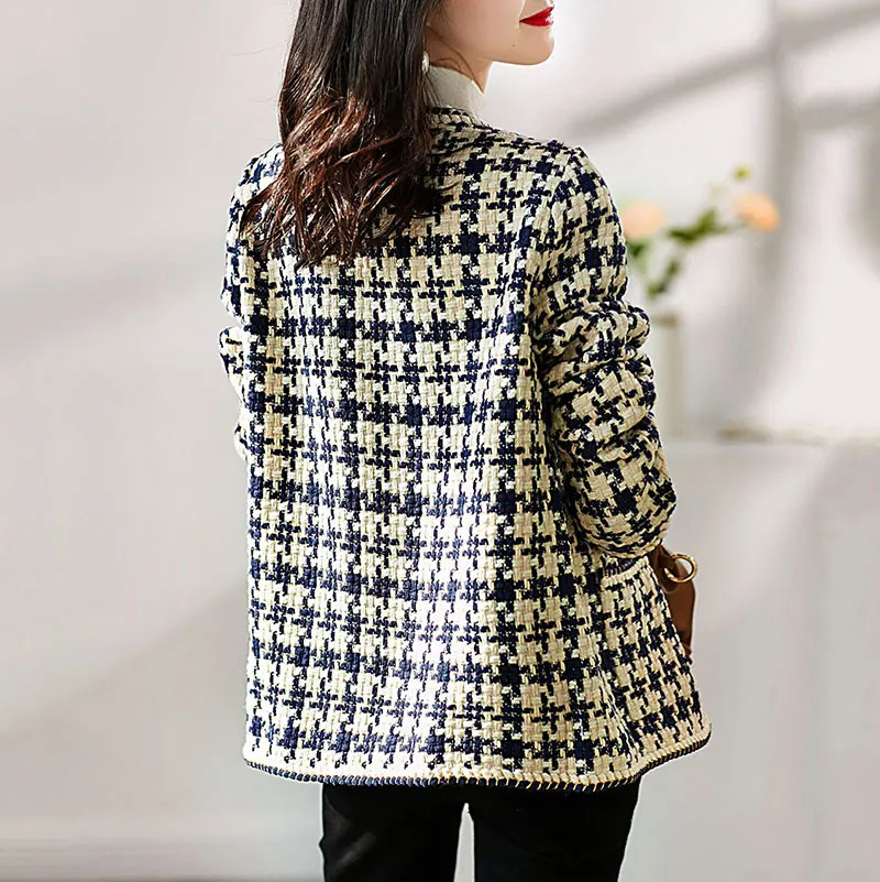 Women's Suits Blazers GACVGA Elegant Weave Plaid Women Blazer With Pocket And Lining Autumn Winter Causal Tweed Coat Office Ladies Suit Jacket 23