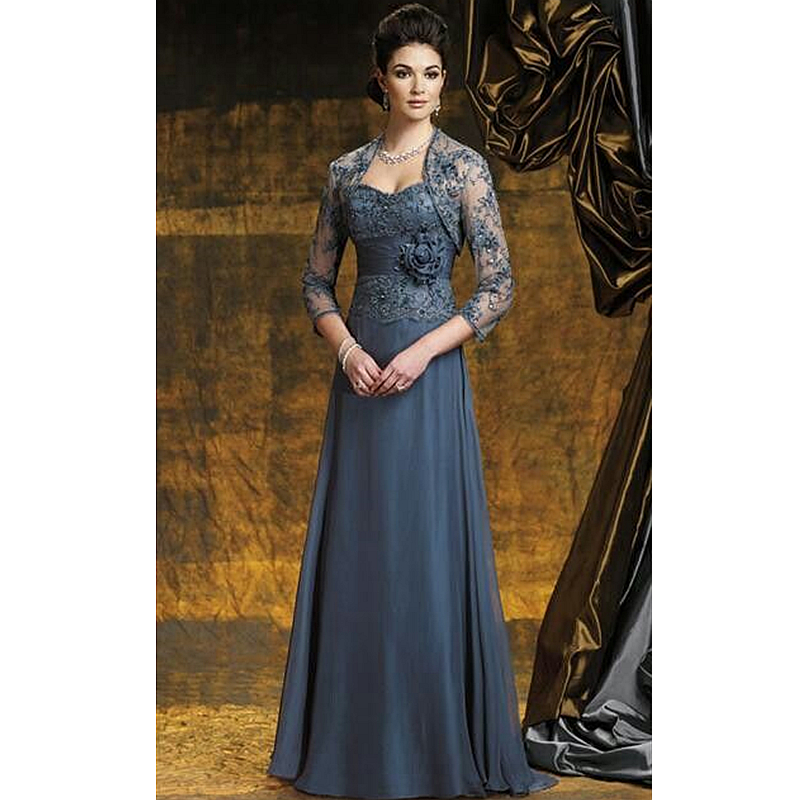 Elegant Gray Long Mother Of The Bride Dresses With Lace Jacket Full Sleeves Empire Waist Plus Size Wedding Guest Gowns Women Formal Party Event Evenin