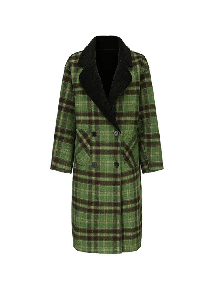 Women's Wool Blends Women's Front Back Can Be Worn Green check pattern Woolen Coat Autumn Winter British Style Female Loose Suit Collar Long
