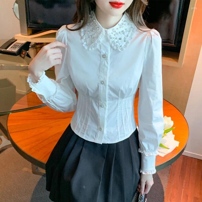 Womens Blouses Diamonds Shirts For Spring Autumn Long Sleeve White Tops Blusas Mujer De Moda 2024