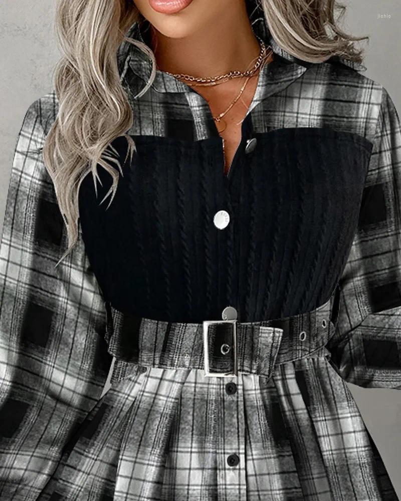 Womens Blouses Turn Down Collar Print Plaid Shirts Women Single Breasted Tight High Waist Belt Full Sleeve Loose Casual Splice Shirt Autumn