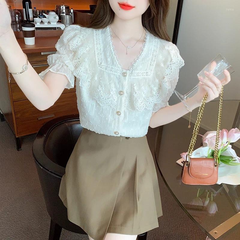 Womens Blouses Fashion Summer Korean White Lace Shirt For Women High Quality Temperament Tops