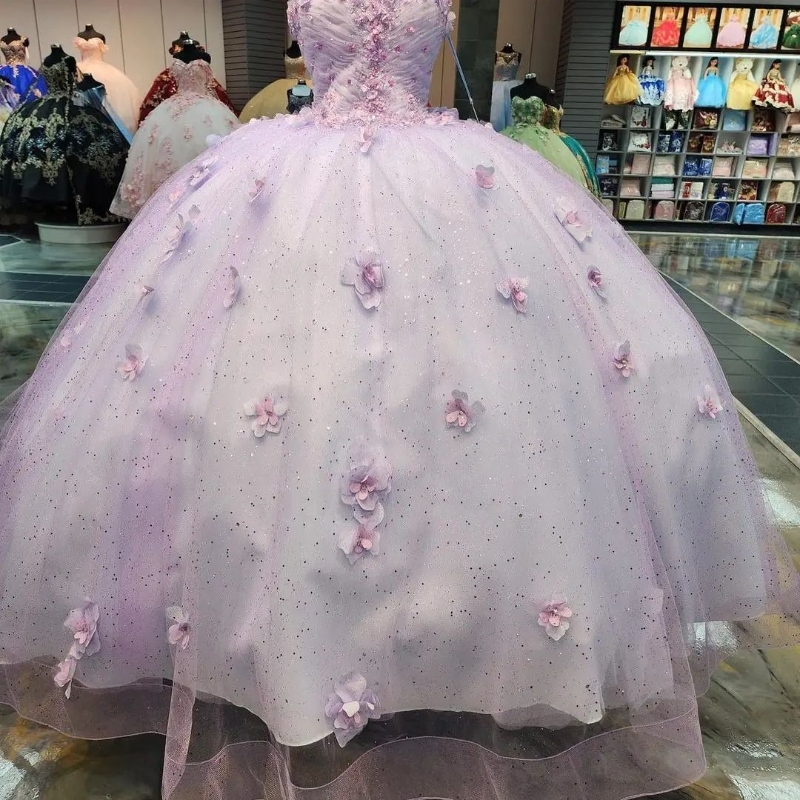 Light Lavender Puffy Princess Quinceanera Dresses 2024 Off Shoulder Beads 3D ral Gillter Sequins Lace-up Corset Vestidos 15 anos