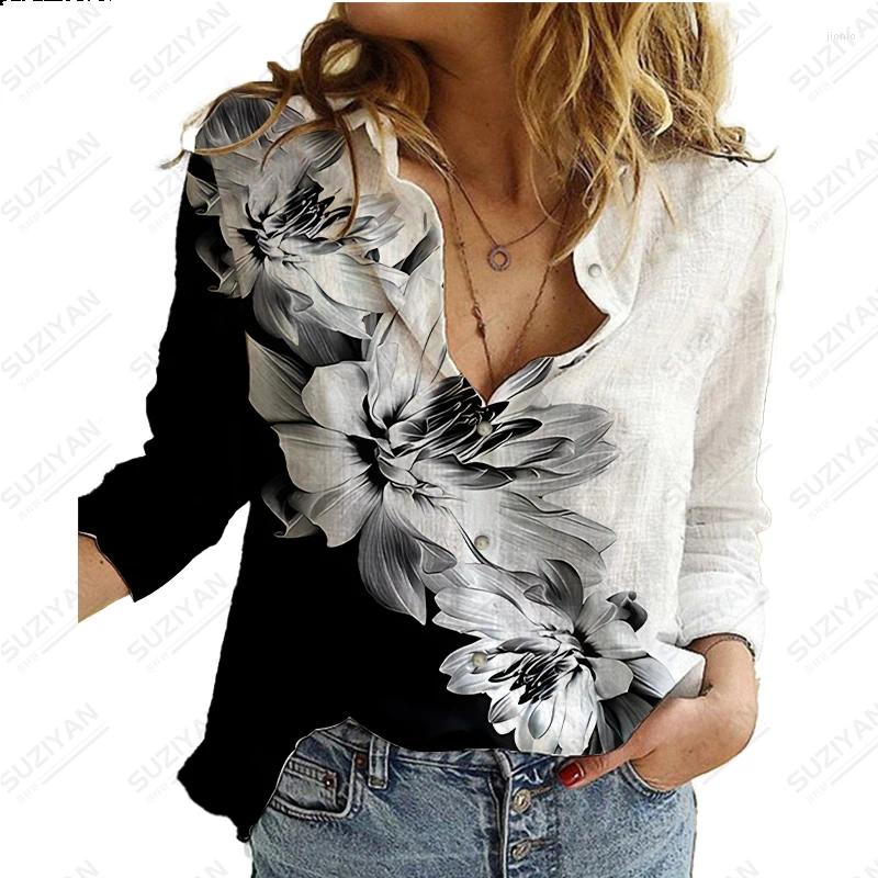 Womens Blouses Summer Retro Flower 3D Printed Long Sleeve Shirt Casual Elegant Button Cardigan Colored And Tempered Chiffon