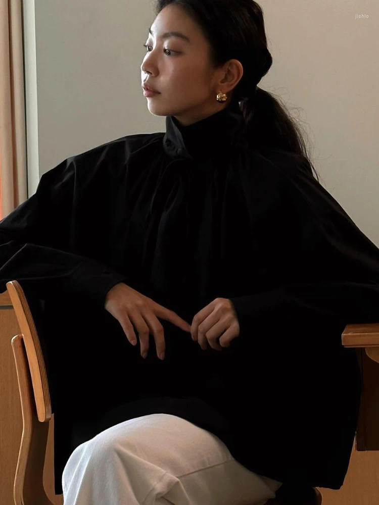 Womens Blouses Korobov Korean Chic Shirts Autumn French Niche Stand Collar Lapel Two Wear Design Tie Bow Loose Long-sleeved Women Shirt