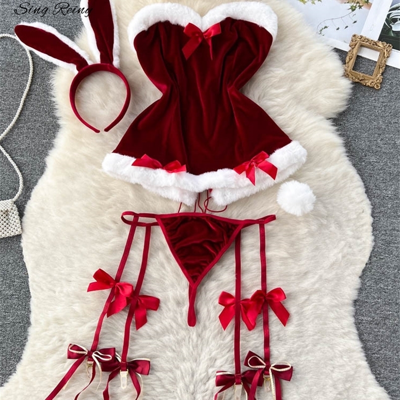 Sexy Set SINGREINY Cosplay Rabbit Maid Nightwear Halter Splice Fur Bow Lingerie Combination Christmas Erotic Porno Underwear Sets 231211