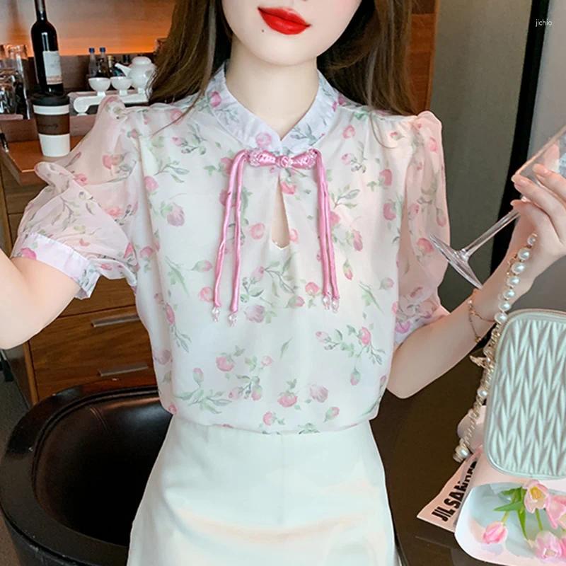 Womens Blouses Summer Chinese Buckle Print Chiffon Shirt Style Women Tops