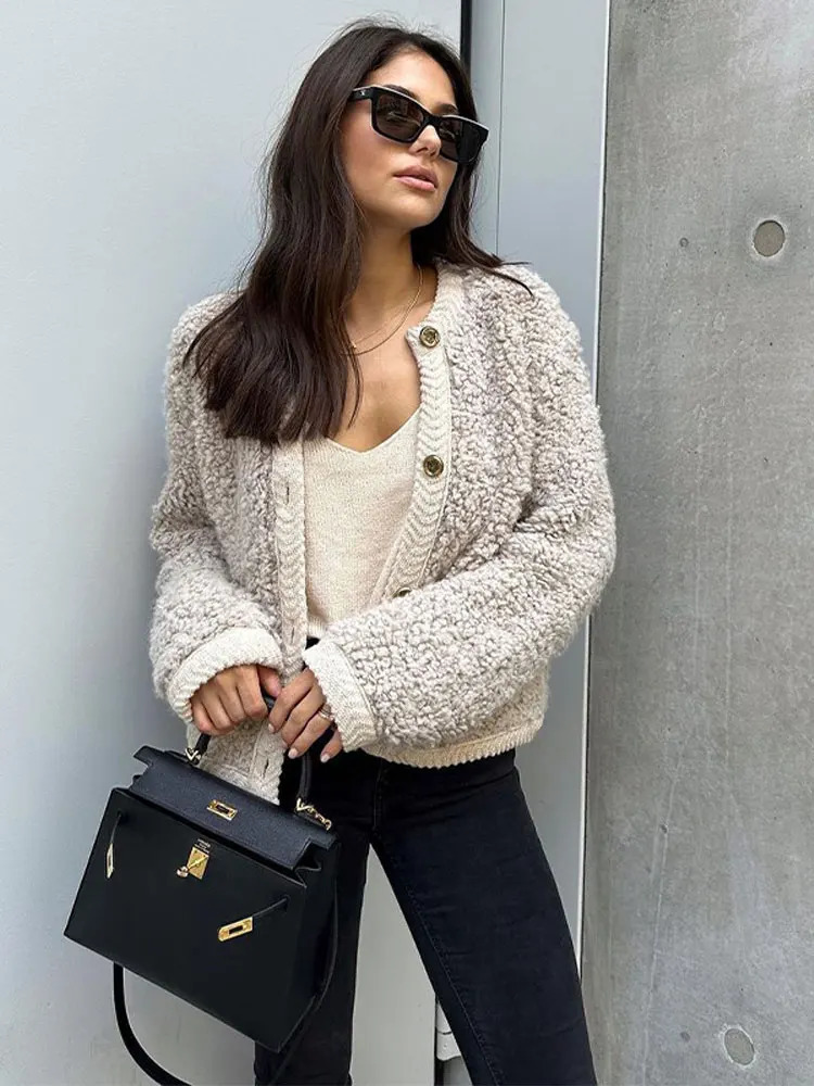 Womens Jackets Fashion Cropped Fleece Solid Plush Women Single Breasted O Neck Cashmere Cotton Coats Winter Female Commute Outwear 231212