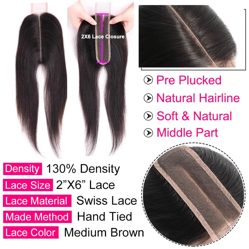 Brazilian 2x6 Lace Closure Straight 100% Human Hair Deep Middle Part Straight Transparent Lace Closure Remy Hair Kim K Closure with Baby Hair Natural 