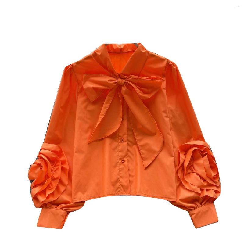 Womens Blouses Vintage Solid Women Single Breasted Shirt Long Sleeve Bow Neck Office Lady Elegant Female Fashion Clothes 2023 Autumn