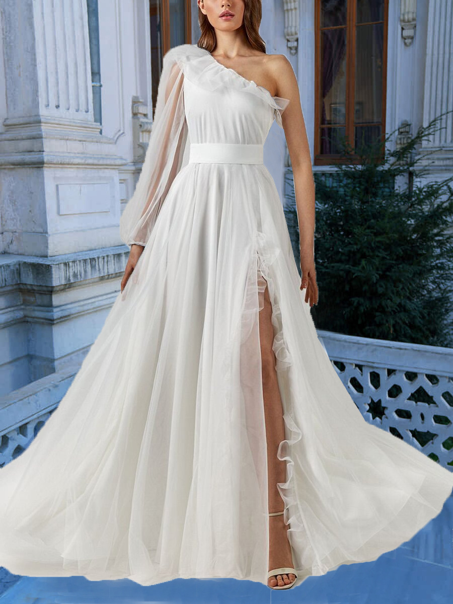 2024 Summer Boho Wedding Dress One Shoulder Long Sleeves Silt Ruffles A-line Tulle Bridal Party Gown Custom Made For Woman Vestido De Noiva Robe Maria