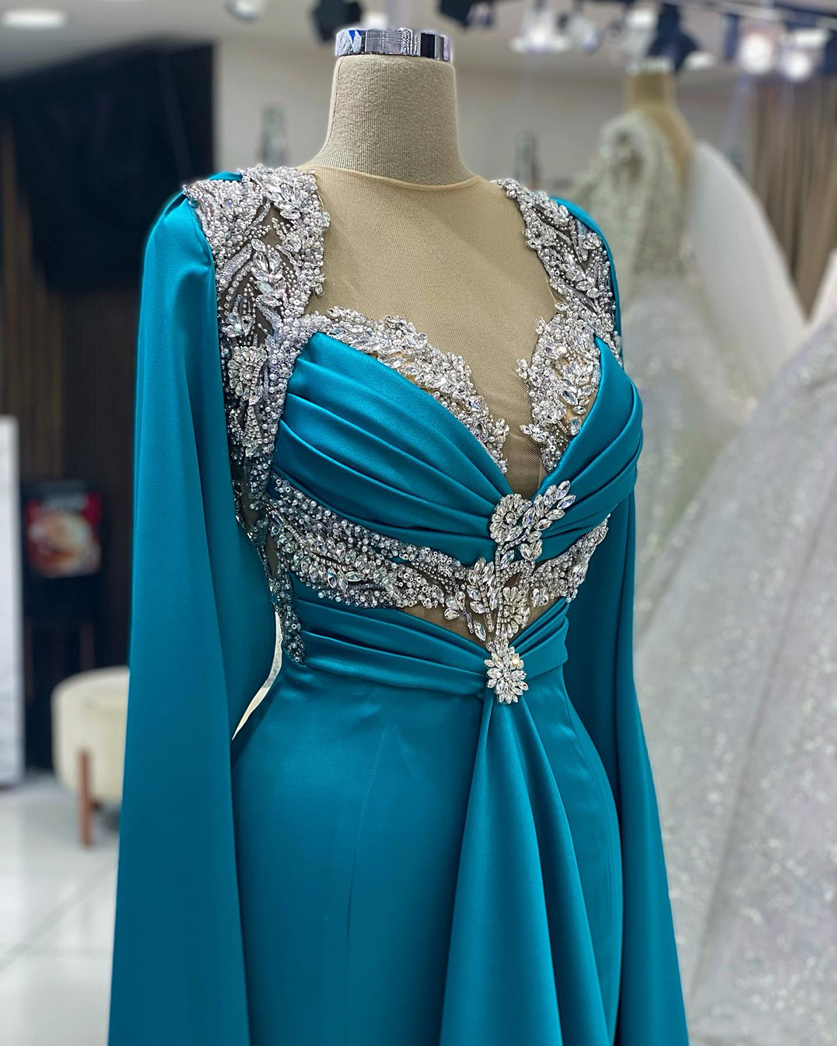 Blue Mermaid Evening Dresses Crystal Beads O Neck Red Carpet Dress Long Sleeves Formal Prom Gowns Elegant vestido de novia