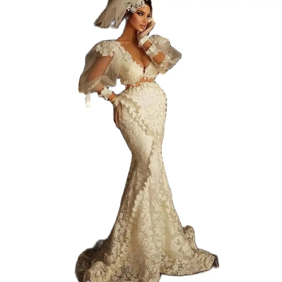 Ivory Mermaid Wedding Dresses Lace V Neck Puffy Long Sleeve Bride Dress Custom Made Pleats Bridal Gowns