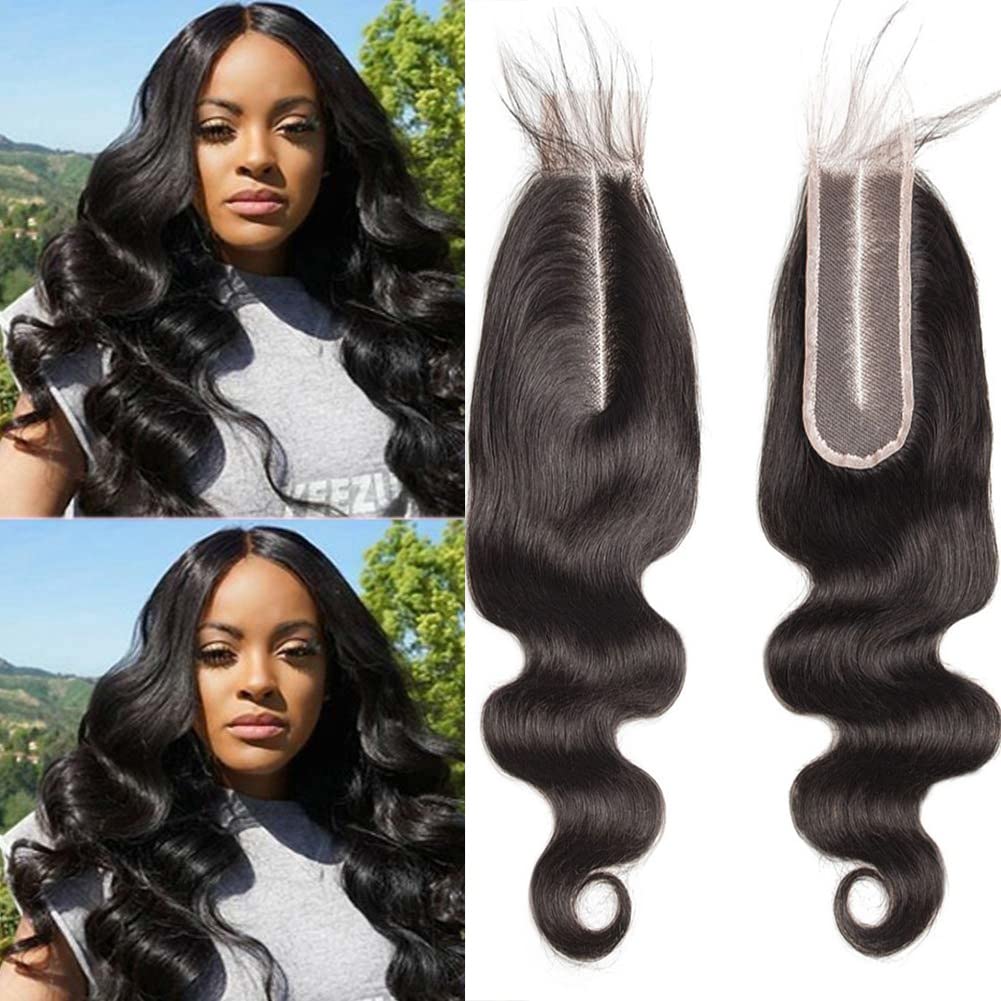 Brazilian 2x6 Lace Closure Body Wave 100% Human Hair Deep Middle Part Straight Transparent Lace Closure Remy Hair Kim K Closure with Baby Hair Natural