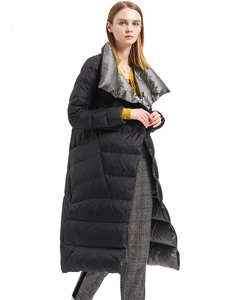 Women's Down Parkas Fitaylor Women Double Sided Down Long Jacket Winter Turtleneck White Duck Down Coat Double Breasted Warm Parkas Snow Outwear 