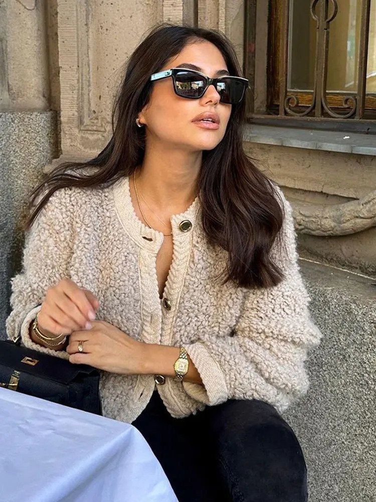 Womens Jackets Fashion Cropped Fleece Solid Plush Women Single Breasted O Neck Cashmere Cotton Coats Winter Female Commute Outwear 231212