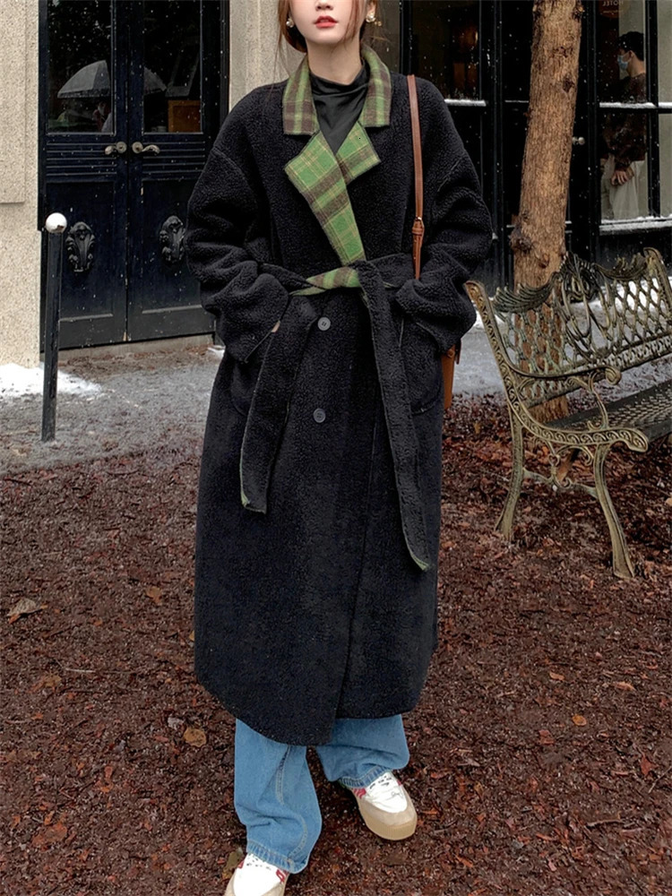 Women's Wool Blends Women's Front Back Can Be Worn Green check pattern Woolen Coat Autumn Winter British Style Female Loose Suit Collar Long