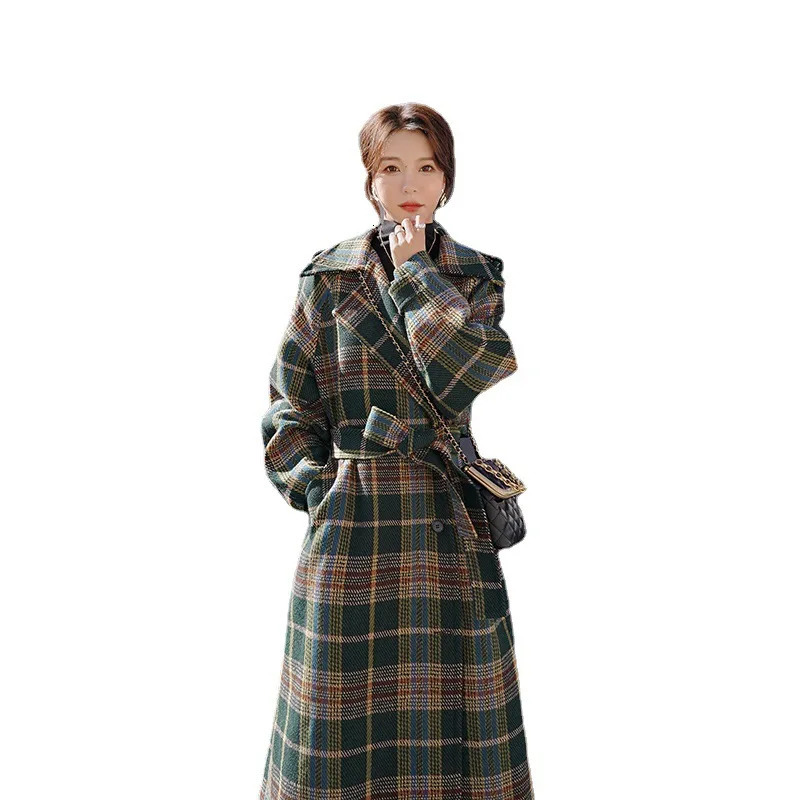 Women's Wool Blends S-XL Womens Woolen Coats Autumn Winter Female Blends Jackets Turn-down Collar X-long Loose Plaid Fashion Ladies Outerwear Hw1