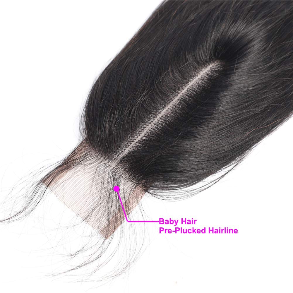 Brazilian 2x6 Lace Closure Straight 100% Human Hair Deep Middle Part Straight Transparent Lace Closure Remy Hair Kim K Closure with Baby Hair Natural 