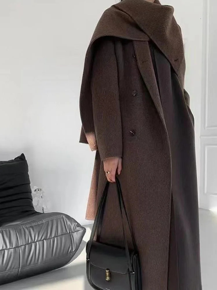 Women's Wool Blends LANMREM Spring And Winter Shawl Scarf Collar Double-breasted Solid Color Women's Double-sided Woolen Belt Coats 2R4921 2