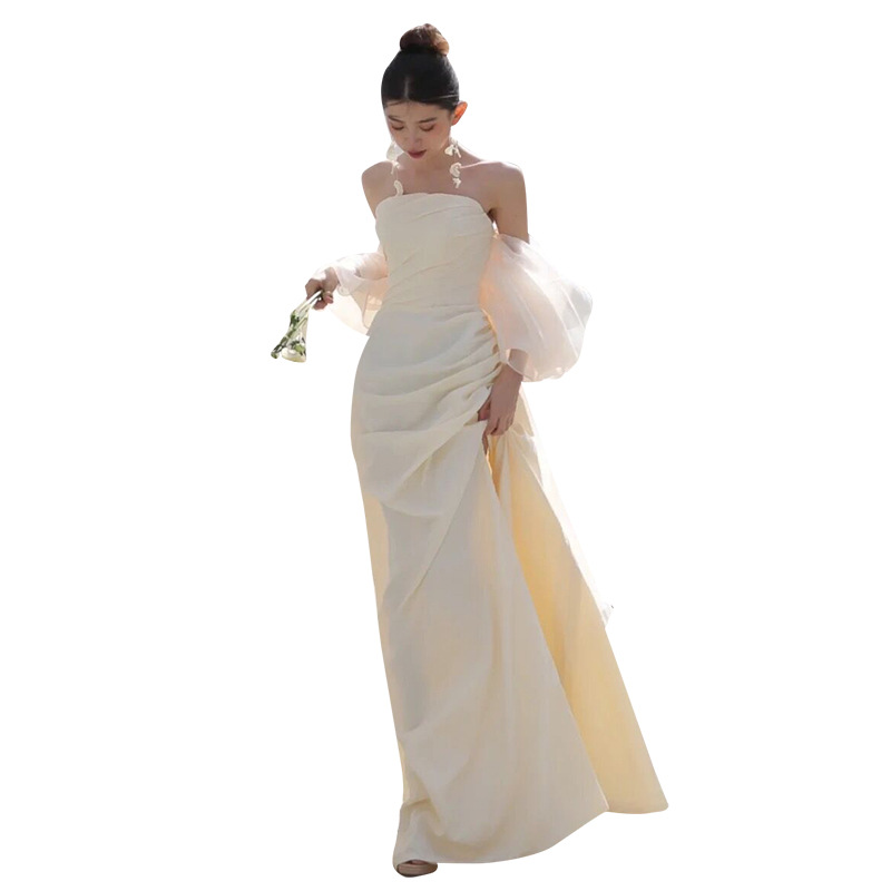 New Satin Organza Wedding Dress 2024 Strapless Off the Shoulder Pleats Ruffles Simple Bride Dresses Beach Bridal Party Gowns Robe De Mariee