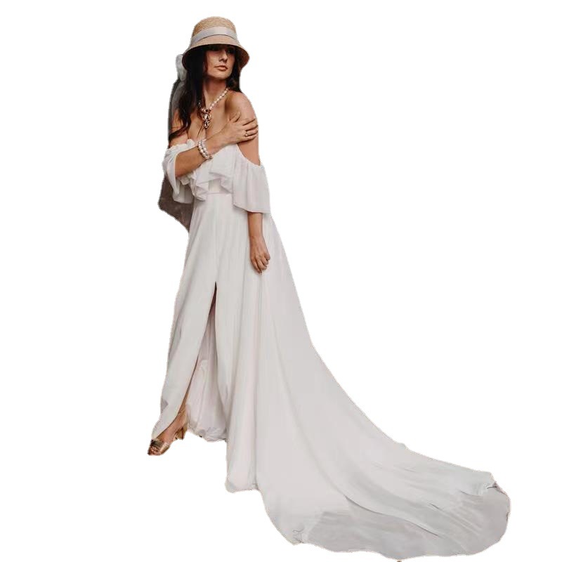 2024 Summer Boho Wedding Dress V-neck Off the Shoulder A-line Chiffon Beach Bridal Party Gown Custom Made For Woman Vestido De Noiva Robe Mariage